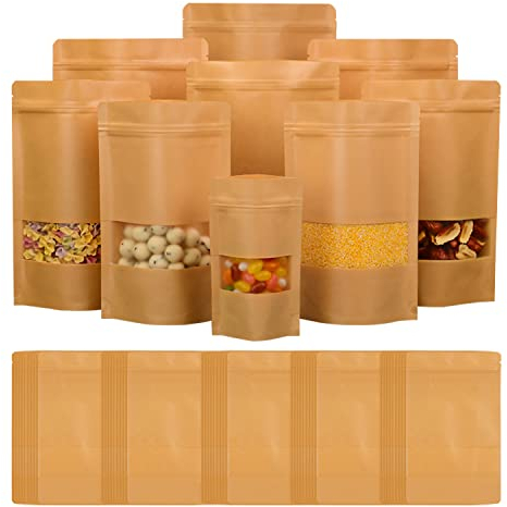 Lot de 100 sacs en papier kraft réutilisables avec fenêtre pour noix, grains de café, feuilles de thé, épices, etc. 10 x 15 cm