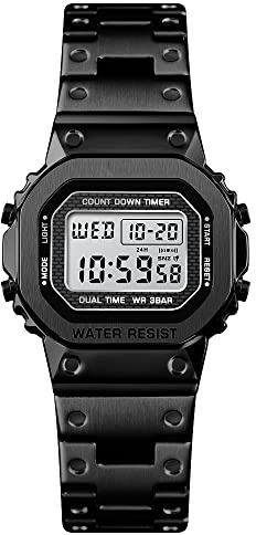 FeiWen Hombre Digitale Fashion Sport Casual Relojes LED Electrónica Cronógrafo Alarma Acero Inoxidable Outdoor Deportivo Reloj de Pulsera (Dama Negra)