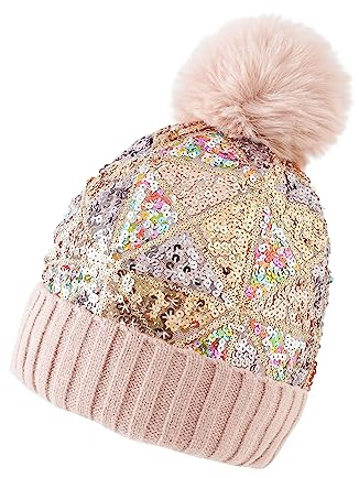 Yanmucy Vintermössa för kvinnor med paljetter stickad mössa avtagbar pom pom värmare glittrande skidmössa för kvinnor flickor, Champagne, one size