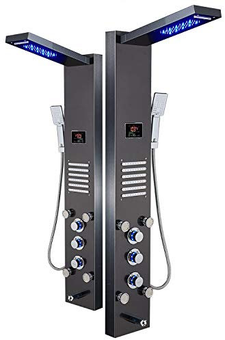 ELLO&ALLO Pannello doccia a LED con sistema a torre, display idroelettrico, massaggio a pioggia con getti, nero spazzolato