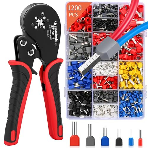 Grasomtools ® Kit di strumenti per crimpare ghiere, connettori a ghiera doppia e singola, pinze a crimpare filo a ganascia quadrilatera (0,08-16 mm²) con manicotti per connettori terminali 1200 pezzi