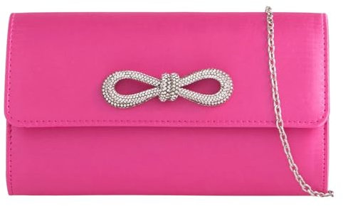 Bolso de mano de satén con lazo de diamantes para novia, graduación, boda, noche, fiesta, bolso de mano, rosa fucsia, medium
