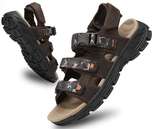 ZYLDK Sandalias Trekking Hombres Deportivas Verano Exterior Senderismo Zapatos con Punta Abierta Cuero Sandalias de Playa