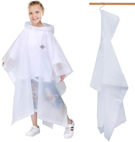 SwirlColor Regenponcho Kinder Wasserdicht, Wiederverwendbarer Regencape Mit Kapuzen EVA Regen Poncho für Camping Wandern Reise im Freien (DE/NL/SE/PL, Numerisch, 120, Regular, Weiß)