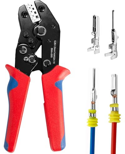 Wire Crimping Tool with Ratchet, Amliber Ratchet Wire Crimper Tool for Open Barrel Terminal Connectors, Electrical Crimping Tool for Molex Style Deutsch Delphi AMP Dupont TYCO Terminals, 24-14 AWG