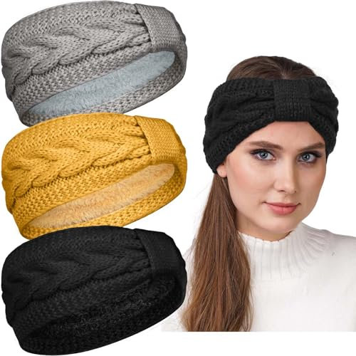 PROPOG Winter Headbands for Women's Hair, 3 Pack Chunky Ear Warmer Knitted Headband Women Crochet Braided Ear Muffs Fleece Lined Elastic Wide Head Bands Head Wraps for Sport, Daily Wear
