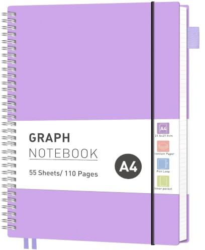 RETTACY A4 Spiral Notebook, Graph Journal, Notepad, 110 Pages, Lilac | Flexible Plastic Cover Note Book, 5mm per Square, 100 GSM Grid Paper, for School, Students, Math, Engineering - 21.5 × 28 cm