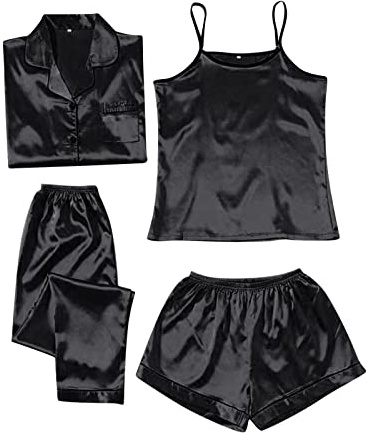 Pigiama da donna, 4 pezzi, in raso, set sexy, a maniche lunghe, larghe, da notte, in seta, elegante, da notte, leggero, in mussola