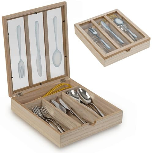 JUJOYBD Besteckkasten mit Deckel aus Holz 4 Fächern, Besteckbox für Schublade und Arbeitsplatte, Besteckeinsatz mit Sichtfenster für küche wohnwagen party oder camping