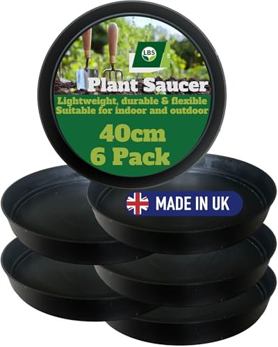 6 Pack Outdoor & Indoor Plant Pot Saucers – Frost & Crack Resistant. Durable Round Black Trays, High Rims, Lightweight And Reusable. UK Made. Prevent Surface Damage & Catch Excess Water. 40cm Diam.