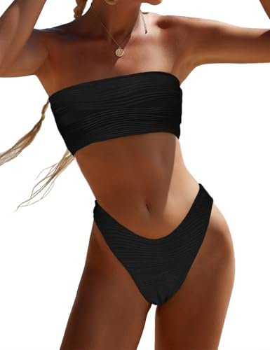 YIMISAN - Maillot de bain deux pièces bandeau côtelé sans bretelles pour femme avec bas échancré et taille mi-haute