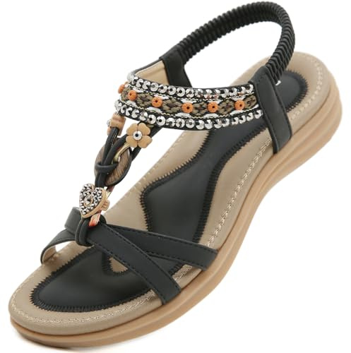 Acfoda Sandales Femme Été Chic Plates Confortable Bohême Chaussure Léger Mules Tongs Orthopédiques Sandalette Cuir nus pieds Noir 37