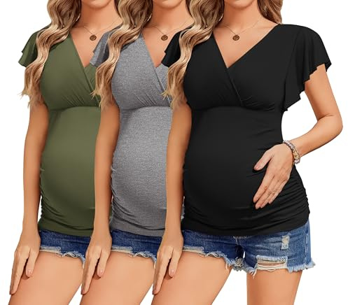 Ekouaer Womens Maternity T Shirts 3 Packs Tunic Nursing Tops Short Sleeve Pregnancy Clothes Army Green/Grey/Black XL