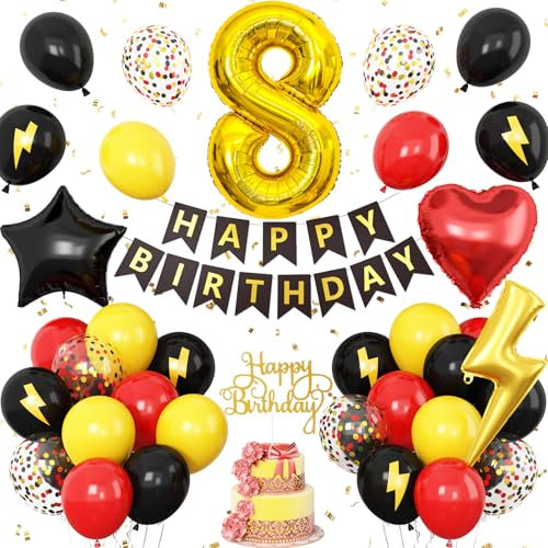 8th Birthday Decorations Red Black Yellow,8th Cartoon Birthday Balloon for Kids Printed Number 8 Balloons Banner Cake Topper Boy Girls Party Decor