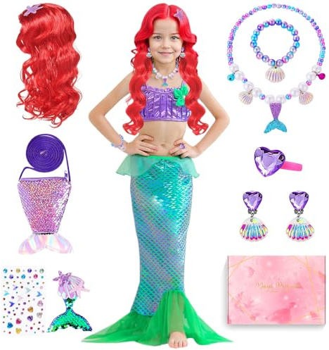 TOSZOLY Deguisement Sirene Fille, Cosplay Sirene avec Perruque, Cadeau pour Fille, Déguisements Sirenes Enfant pour Anniversaire Cosplay Carnaval (120)