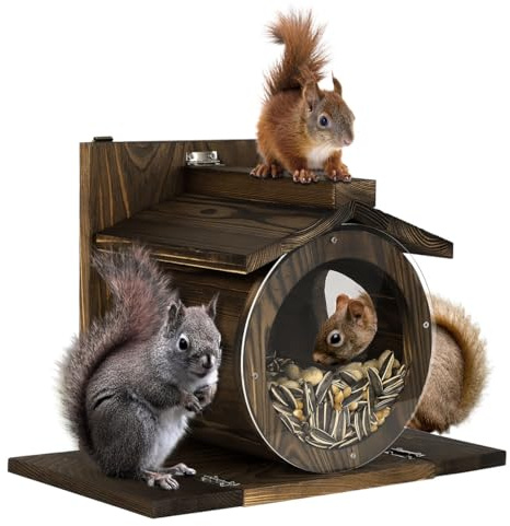 Mounting UP Wooden Squirrel Feeder for Feeding Outside Wild Chipmunk, Outdoor Wooden Chipmunk Squirrel Feeder for Corn, Peanuts, Durable Box, Easy to Stand for Eating