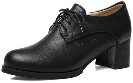 Scarpe Oxford con Lacci E Tacco in Pelle Nera per Donna Classiche Scarpe da Abito con Tacco Blocco per Lavoro Décolleté Comfortevoli con Punta Rotonda,Nero,39 EU