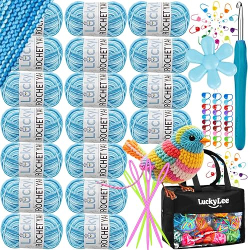 Crochet Yarn (18 * 25g), Acrylic Wool Double Knitting Wool, Crochet Wool with Carry Bag, Aluminum Crochet Hooks Stitch Markers, Ombre Color Yarn for DIY Craft Blankets Socks Dolls (13-Blue)