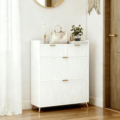 KEFSR - Mobile scarpiera moderna, armadio per scarpe bianco, comò in legno a 4 cassetti con maniglie dorate, cassetto con finitura lucida per camera da letto, soggiorno, piccolo scanalato. (4 cassetti