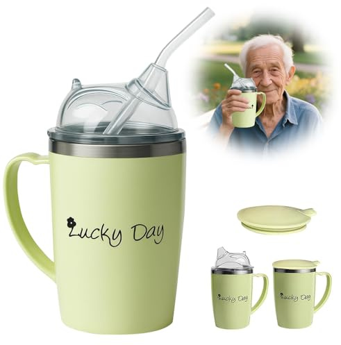 Hojalis 350ml Adult Sippy Cup, 3-in-1 Beakers for Elderly, Adult Sippy Cups for The Elderly Non Spill, Sippy Cup for Adults with Handle, Stainless Steel Dysphagia Cups for Elderly Patient