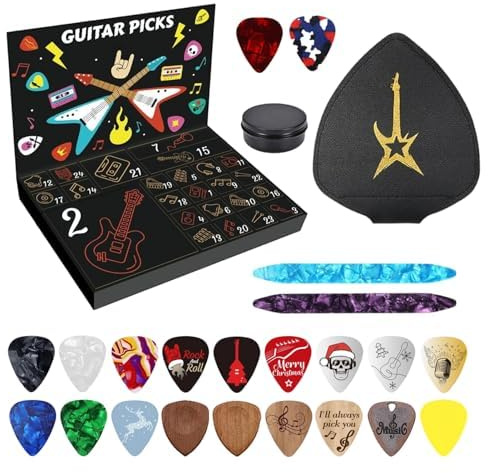 Gitarrplektrum adventskalendrar - Gitarrplektrum gitarrer tillbehör jul nedräkningskalender, inkluderar plektrumhållare fodral och träplektrum, musikalisk julklapp för gitarrspelare