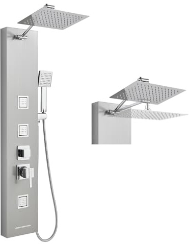 ROVOGO Brushed Shower Panel Tower, 30x20cm Stainless Steel Rain Shower Head | 4-function Wall Mounted Column Shower, Overhead, Body Jets, Handheld, Waterfall Tub Spout, Height Adjustable Brass Shower Arm