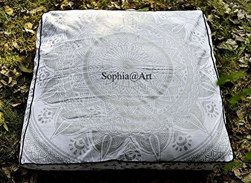 Bodenkissen mit indischem Mandala-Motiv, quadratisch, Ottoman, Tagesbett, Übergröße, Baumwolle, Sitzkissen, Haustierbett, silberfarben