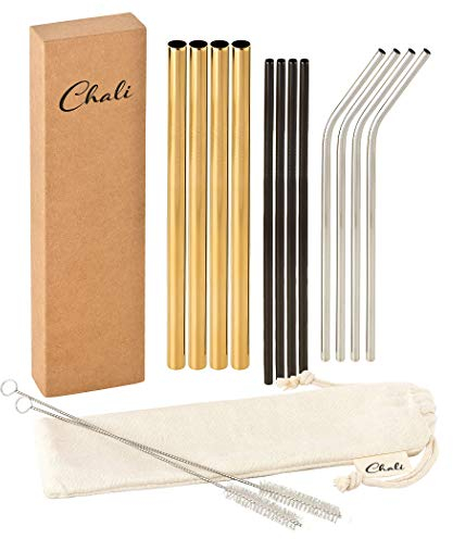 Chali® 12x Cannucce Acciaio Inox Riutilizzabili, Nero Argento ø6mm, Oro ø12mm, Cannuccia lunghe 21,5cm, Lavabile in Lavastoviglie incl. 2x Spazzole per pulizia