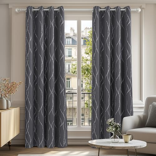 Deconovo Dot Line Decorative Super Soft Thermal Insulated Energy Saving Blackout Curtains for Living Room Dark Grey 46 x 72 Inch 2 Panels