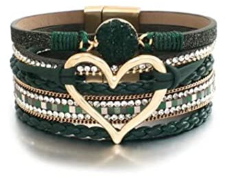 Long tiantian Green Leather Wrap Bracelet Layered Boho Heart Bracelets