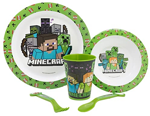 Stor Minecraft 5pcs Kids Lunch Breakfast Dinner Tableware Set Plate, Bowl, Cutlery & Tumbler, BPA Free, Children, Baby