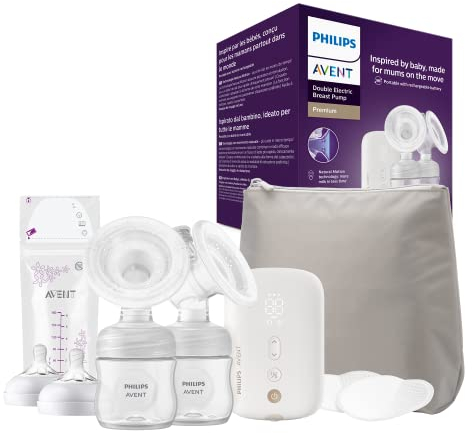 Philips AVENT Doppelmilchpumpe Premium - mit Natural Motion Technologie, wiederaufladbarem Akku, Timer-Anzeige (Modell SCF398/31)