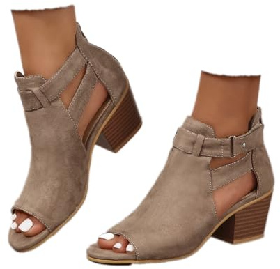 ZBYY Womens Peep Toe Ankle Booties Chunky Heels Cutout Back Zipper Sandals Suede Side Ankle Strap Dress Sandals