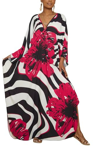 Bsubseach Tallas Grandes Caftán Vestido para Mujeres Playa Larga Caftanes Traje de baño Playa Cover Ups Resort Wear Flores Rojo