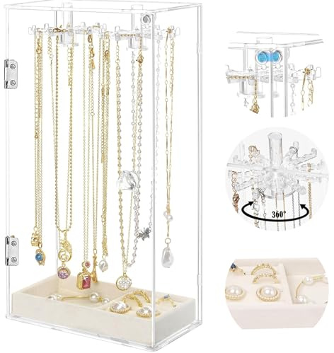 Cnwinu Schmuckständer,Acryl Kettenhalter mit 24 Haken,Kettenständer Drehbar,Ketten Aufbewahrung,Schmuckaufbewahrung ketten,Armbänder Ohrring Ringe Uhren Aufbewahrung mit Samt Tablett