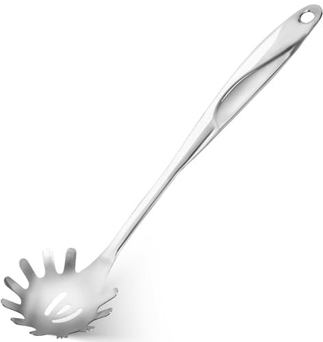 Frogetu 1 Stück Spaghettilöffel,Einteiliger Edelstahl Nudellöffel,Nudelsieb mit Zähnen,Hochwertige Spaghettikelle,Professional Spaghettilöffel,Silber Pasta Server Utensil,Für Küche