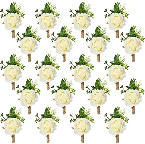 Sherr 12 Pcs Rose Boutonniere for Men Wedding Corsage Rose Groom and Groomsmen Boutonniere with Artificial Flower for Rustic Vintage Wedding Ceremony Anniversary Dinner Prom Party (White)