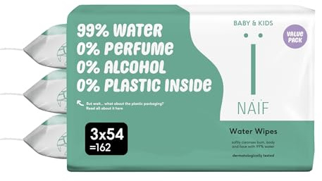Naïf - Toallitas húmedas sin plástico - 162 toallitas (3 x 54 toallitas) - limpia y protege el cuerpo y la cara del bebé - 99% agua - 0% perfume y alcohol