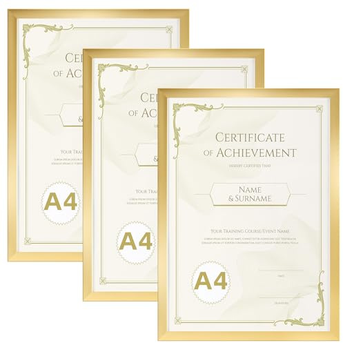 Hoikwo Juego de 3 Marco A4, Marcos de PVC Dorado de A4 para Pared, Adecuados para Títulos Universitarios, Pósters, Fotografías, Rompecabezas y Documentos Enmarcados