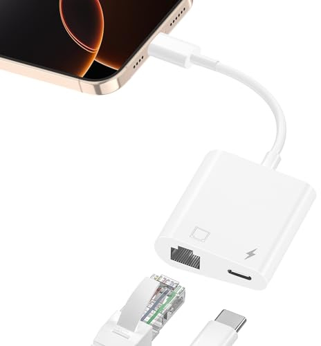 USB C to Ethernet Adapter, 2 in 1 RJ45 Ethernet LAN Network Adapter with 60W USB Type C Charge Port Compatible with iPhone 16/15 Tablet/Laptop and USB C Devices,Supports 10/100Mbps