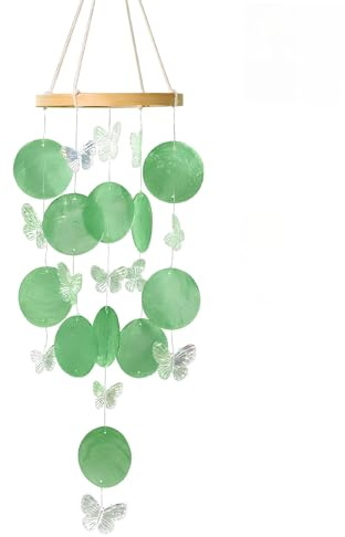 Carillón de Viento Conchas y Mariposas Campanelli a Vento Boho Campane a Vento de Nácar Decoración de Jardín Scacciaspiriti da Esterno Decoración para Ventana, Sala de Estar, Terraza y Balcón (Verde)