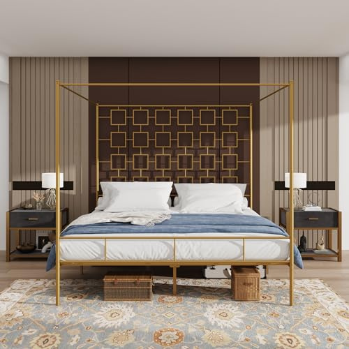 PAUKIN Gold Metal Canopy Bed Frame King/Mattress Foundation with Steel Slat Support/No Box Spring Needed/Easy Assembly (Gold+Rectangular, King)