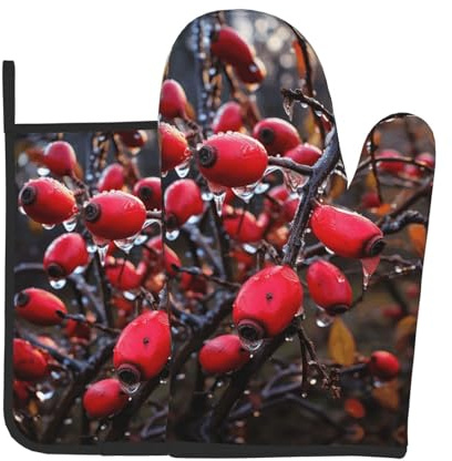 Rose Hip Plant Berries Oven Mitts and Pot Holder Set of 2 Heat Resistant Oven Glove Set Non-Slip Potholders Kitchen Oven Gloves and Pad for Baking Cooking Grilling BBQ