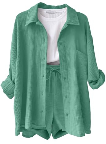CheChury Conjunto Verano Mujer Conjunto de 2 Piezas Algodón Lino Chándal de 2 Piezas Verano Mujer Casual Camisa Manga Larga y Pantalón Corto con Bolsillo Cómodo Moda Color Sólido para Vacaciones Playa