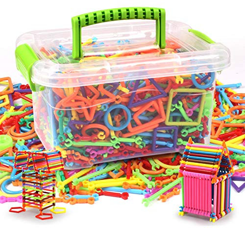 Construction Building Blocks Smart Bar Set Assembling 3D Puzzle Toys DIY Interlocking Sticks Kit Geometry Intelligent Learning Education Toys for Girls Boys Age 3 4 5 6 7 8, with Toy Storage Box
