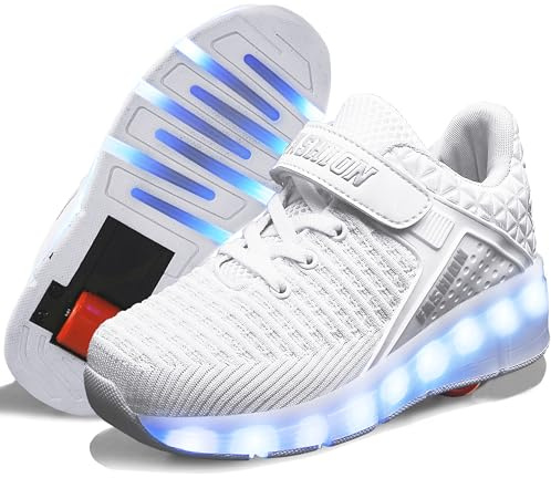 Ufatansy Roller Shoes Girls Boys Sneakers with Wheels Roller Skate Shoes USB Charging LED Light Up Footwear Skates for Beginner Trainers Kids Lightweight Breatheable Shoe(8099, White, EU Size 29