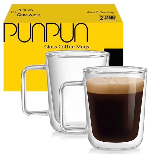 PunPun 16oz.480ml Clear Glass Mugs Large Coffee Mugs, Jumbo Insulated Double Wall Glasses, Premium Glasses Set with Big Handle, Iced Coffee Cup Set of 2
