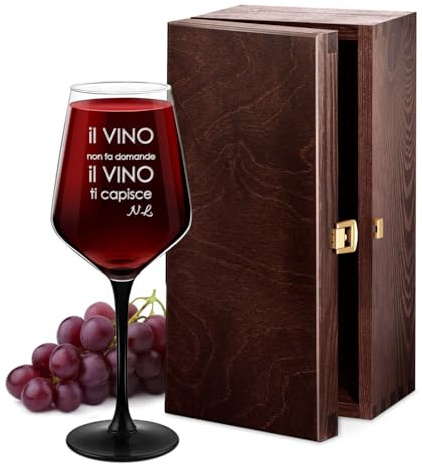 Maverton Calice da vino Rubino - 300 ml - incisione personalizzata - con gambo nero - perfetto per vino secco e dolce - pensiero speciale per compleanno - unico per uomo - regalo di Natale - il Vino