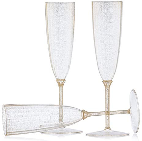 Decor Decorline - 48 Sektläser aus Premium-Kunststoff mit Goldglitter Stiel-Glas Wiederverwendbar Champagner Gläser für Hochzeiten & Partys, 170ml - Mehrweg & Stabil