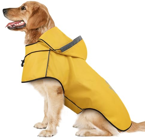 DQGHQME Hunderegenmantel mit Reflexstreifen, Verstellbare Wasserdichte Regenjacke für Kleine bis Große Hunde (L, Gelb)